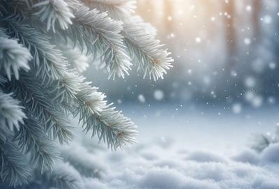 The primary subject of the image is a snow-covered pine tree. The tree is surrounded by a snowy landscape, with snow falling around it. The setting is a wintery environment, and the visual style is a photo. The dominant colors in the image are white, representing the snow, and green, representing the pine tree. The overall atmosphere is serene and peaceful, as the snow gently falls around the tree.
